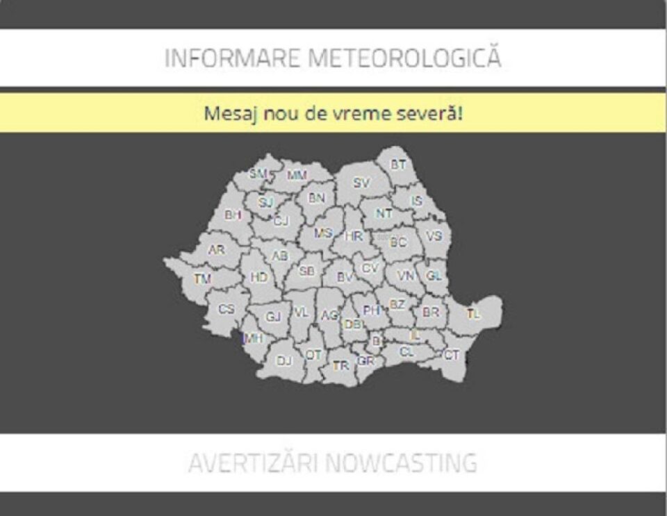 Avertizare meteorologică de vreme severă, cu averse, descărcări electrice, intensificări ale vântului, vijelii și izolat căderi de grindină Avertizare meteorologică de vreme severă, cu averse, descărcări electrice, intensificări ale vântului, vijelii și izolat căderi de grindină