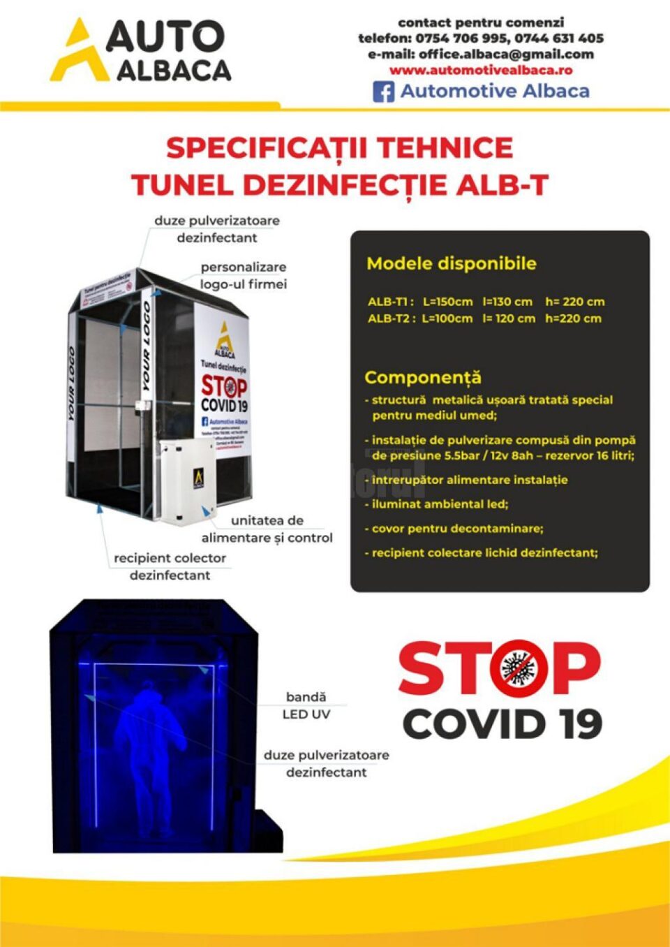 Specificatii tehnice al tunelului de dezinfectie ALB-T