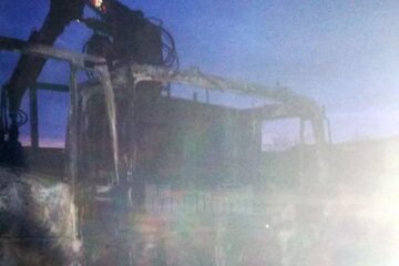 Camionul cu macara pentru manipulat lemn a fost distrus în totalitate