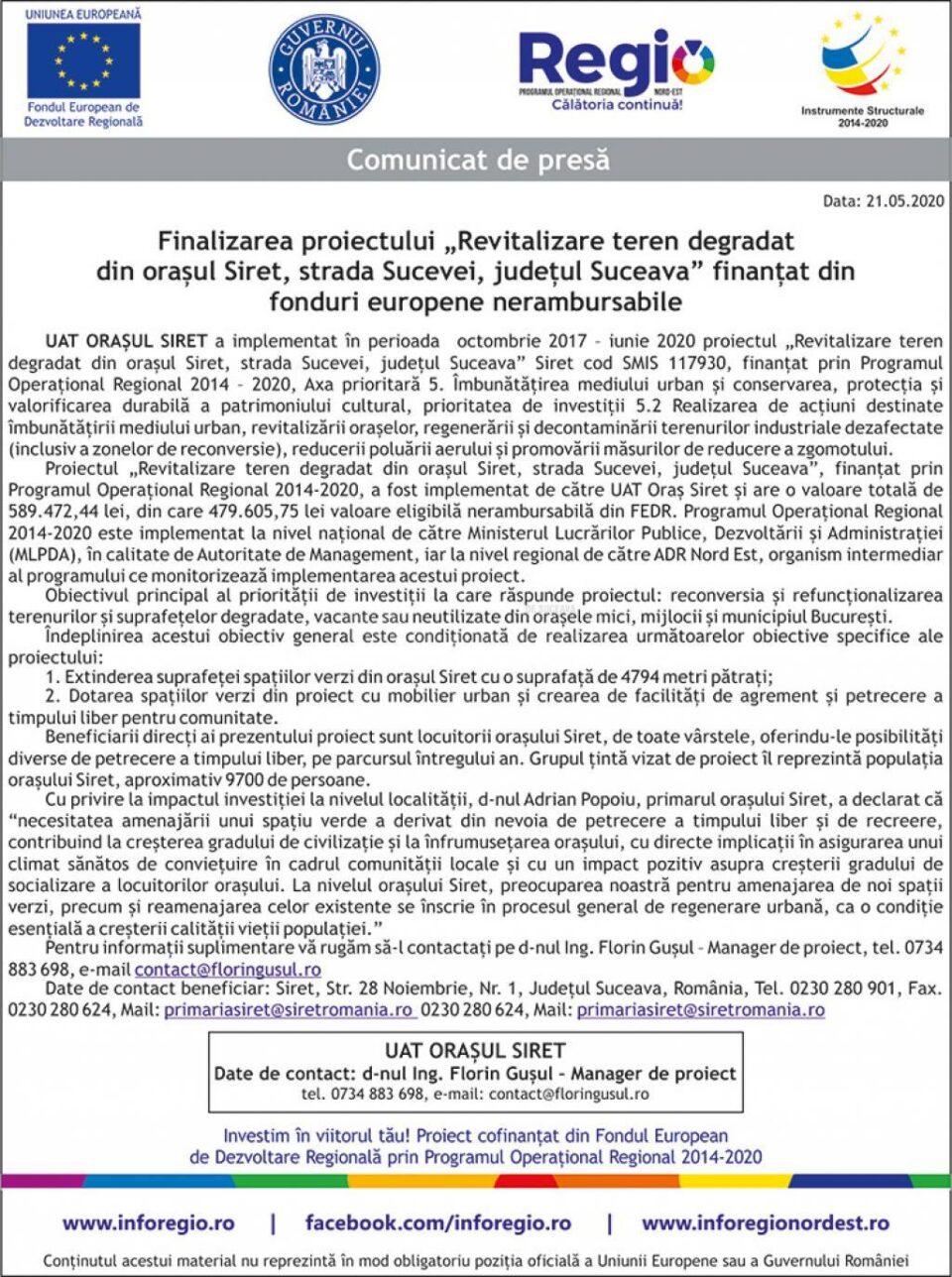 Finalizarea proiectului „Revitalizare teren degradat din orașul Siret, strada Sucevei, județul Suceava” finanțat din fonduri europene nerambursabile Finalizarea proiectului „Revitalizare teren degradat din orașul Siret, strada Sucevei, județul Suceava” finanțat din fonduri europene nerambursabile