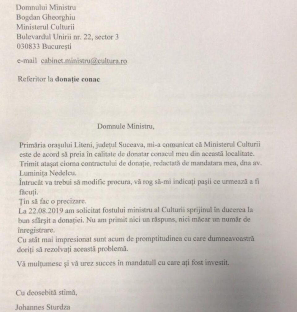 Scrisoarea trimisă de proprietarul conacului din Liteni către Ministrul Culturii