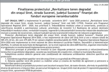 Finalizarea proiectului „Revitalizare teren degradat din orașul Siret, strada Sucevei, județul Suceava” finanțat din fonduri europene nerambursabile