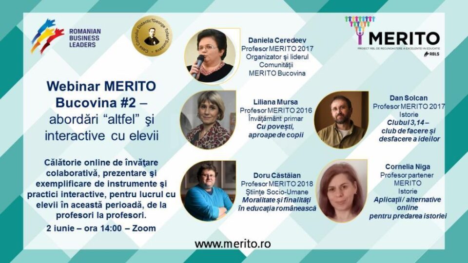 Al doilea atelier online de învățare colaborativă, de la profesori la profesori, organizat de Comunitatea Merito Bucovina Al doilea atelier online de învățare colaborativă, de la profesori la profesori, organizat de Comunitatea Merito Bucovina