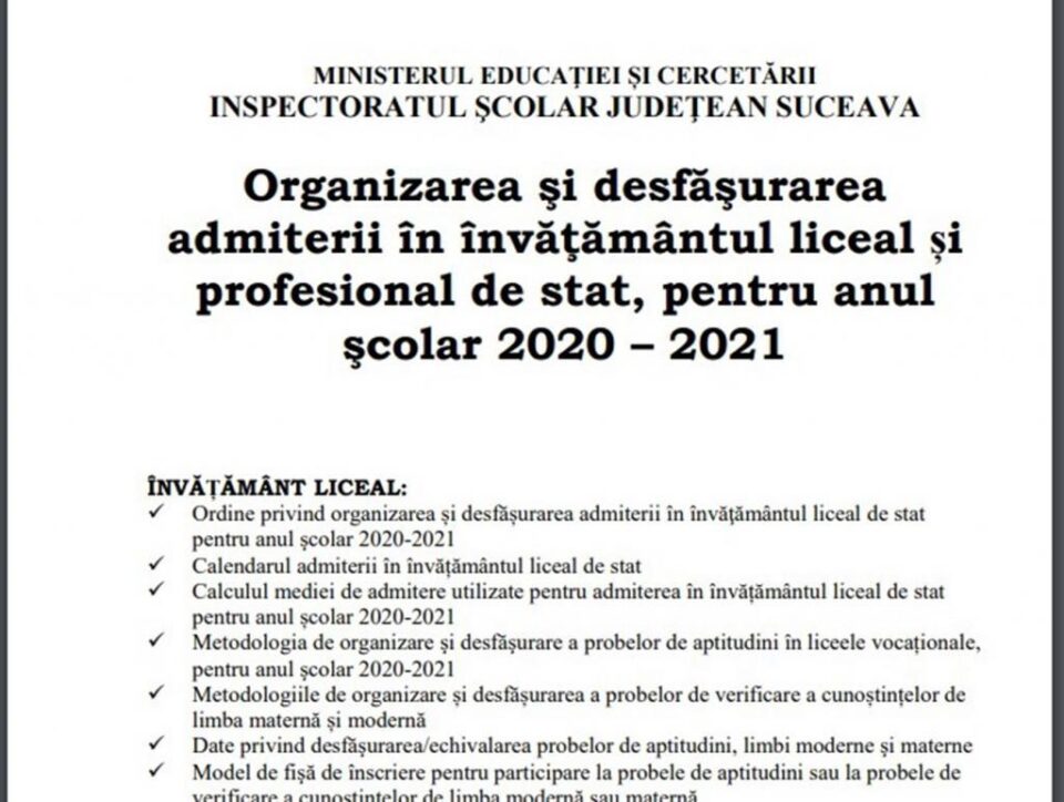 Broșura de admitere la liceu a fost publicată pe site-ul Inspectoratului Școlar Suceava