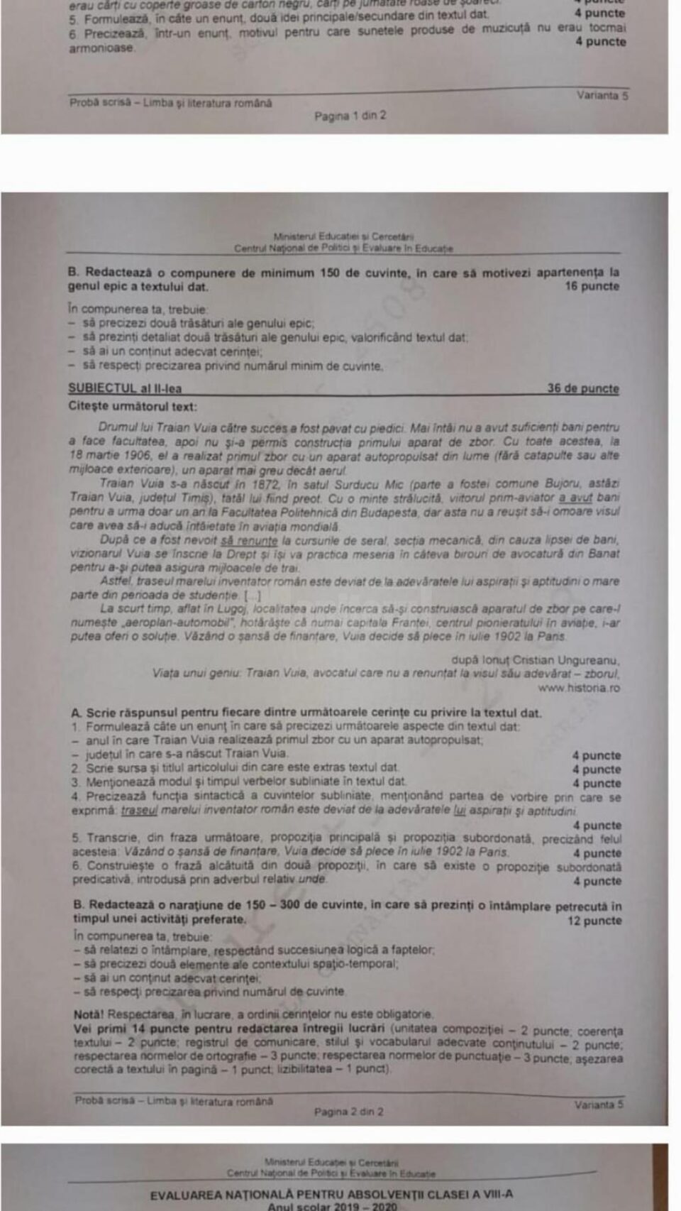 Subiectele primite de absolvenții ciclului gimnazial la proba scrisă la Limba și literatura română