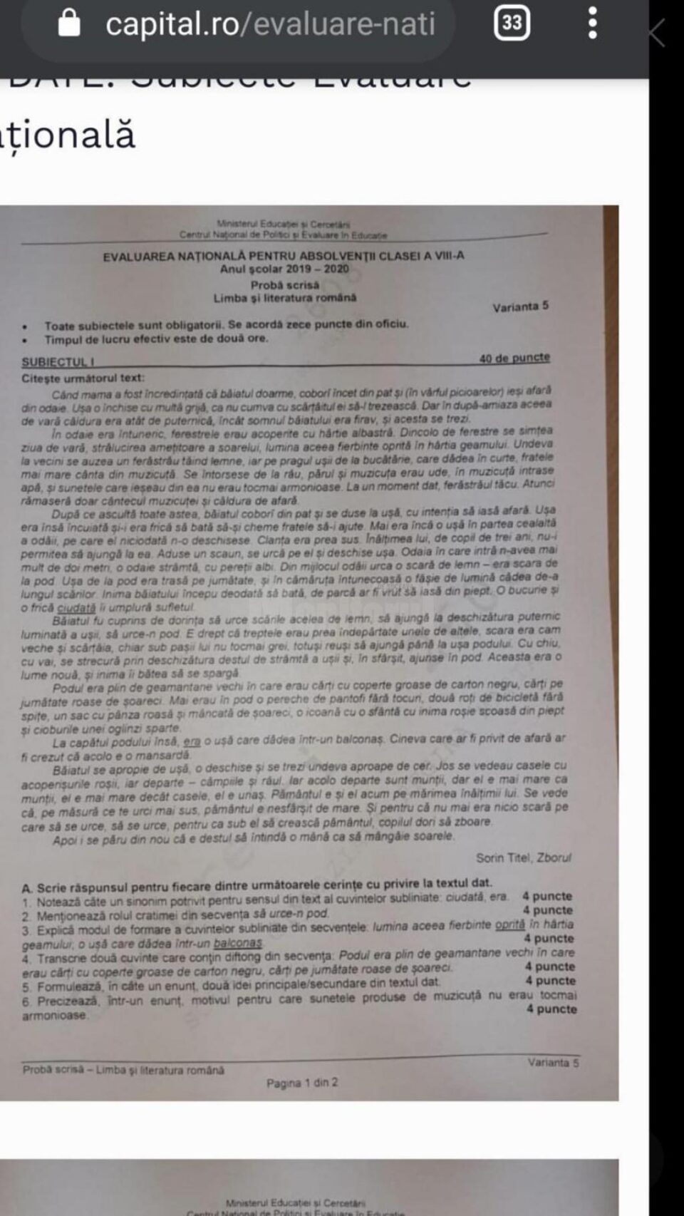 Subiectele primite de absolvenții ciclului gimnazial la proba scrisă la Limba și literatura română Subiectele primite de absolvenții ciclului gimnazial la proba scrisă la Limba și literatura română
