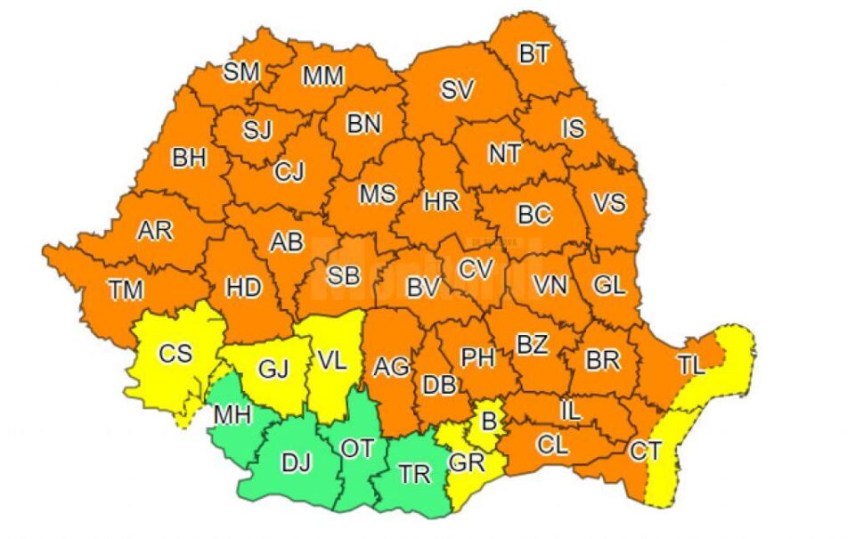 Cod portocaliu de vreme rea pina luni dimineata, la ora 10.00 Cod portocaliu de vreme rea pina luni dimineata, la ora 10.00