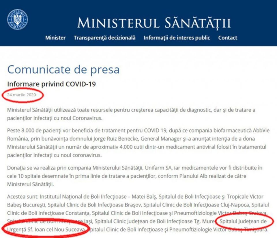 Comunicatul Ministerului Sănătății care include Spitalul Suceava pe lista celor 10 spitale-Covid