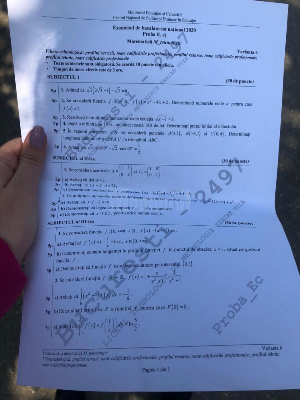 Subicetele de la matematică la profilul tehnologic
