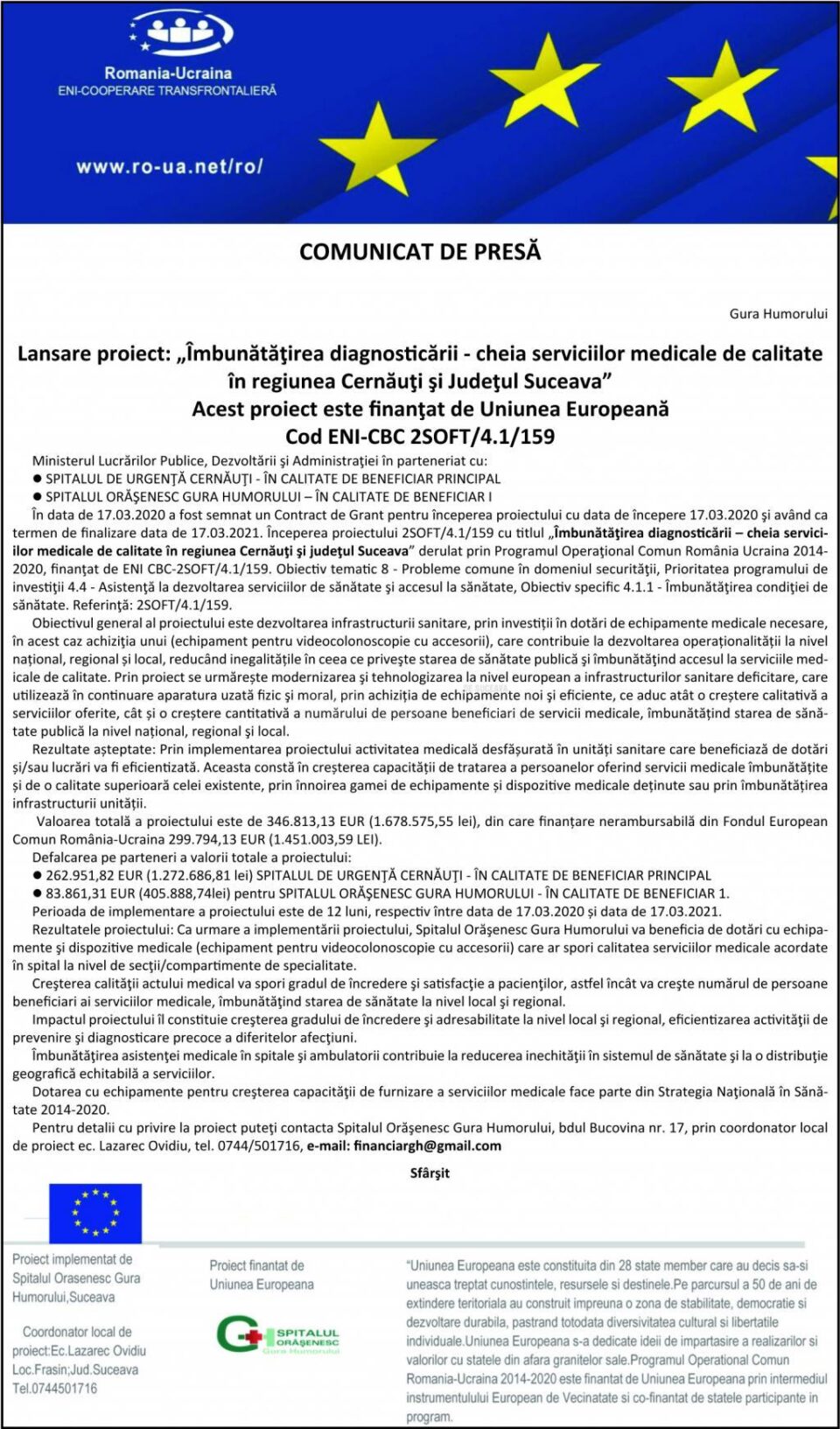 Lansare proiect: „Îmbunătățirea diagnosticării - cheia serviciilor medicale de calitate în regiunea Cernăuți și Județul Suceava”