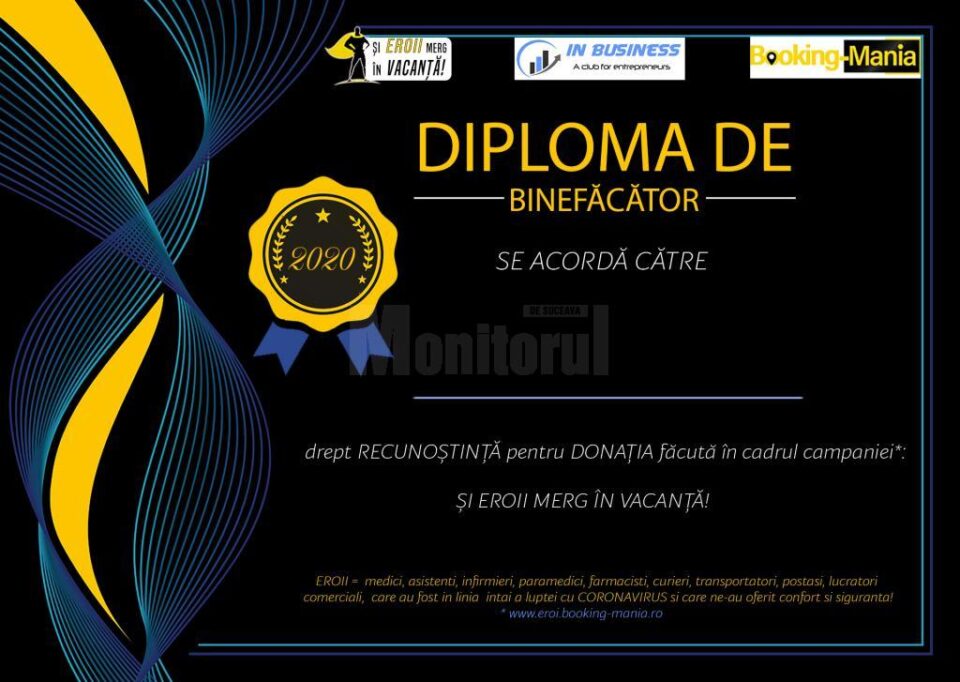 Diploma oferită Eroilor care vor beneficia de minivacanță