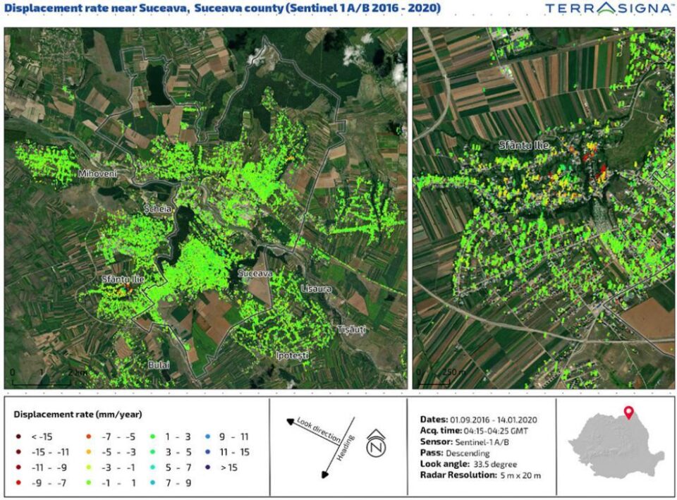 Suceava - harta satelitară pe care se observă deplasările de teren pe o perioadă de 5 ani