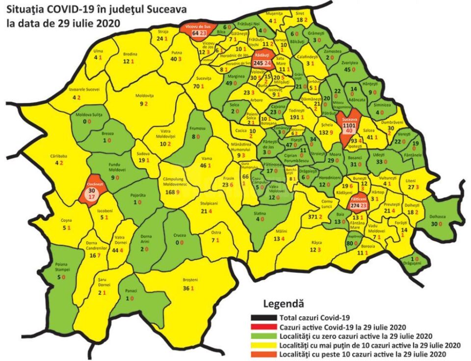 Cazurile active de Covid din fiecare localitate din județul Suceava