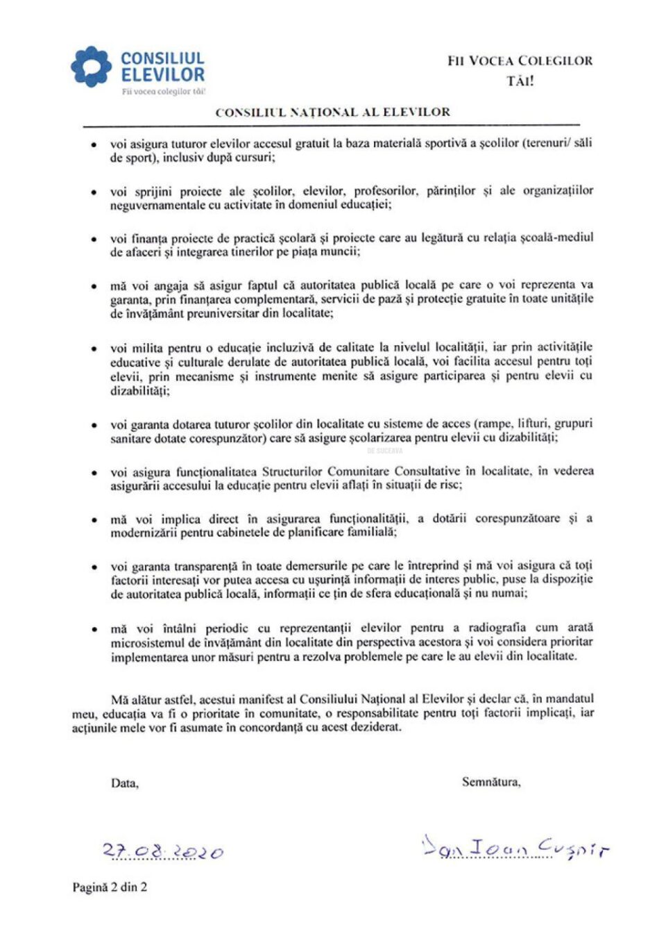 Prima reacție după apelul Consiliului Județean al Elevilor. Cușnir a semnat angajamentul pentru susținerea educației