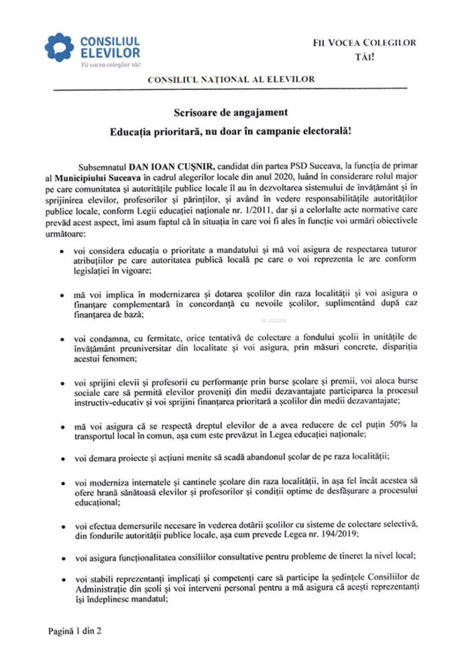 Prima reacție după apelul Consiliului Județean al Elevilor. Cușnir a semnat angajamentul pentru susținerea educației