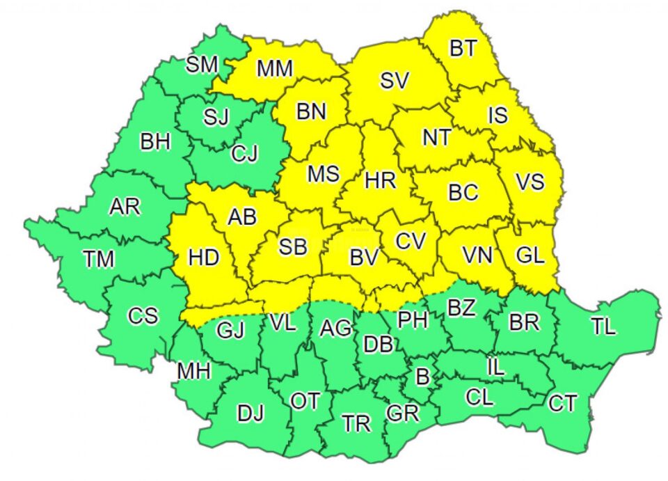 Cod galben de ploi abundente până joi inclusiv