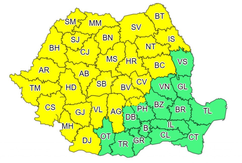 Administrația Națională de Meteorologie a emis luni o nouă atenționare meteorologică