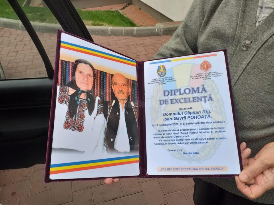 Diploma de excelenta oferit la implinirea varstei de 100 de ani Cpt. Rtg. Ioan Gavril Pohoata