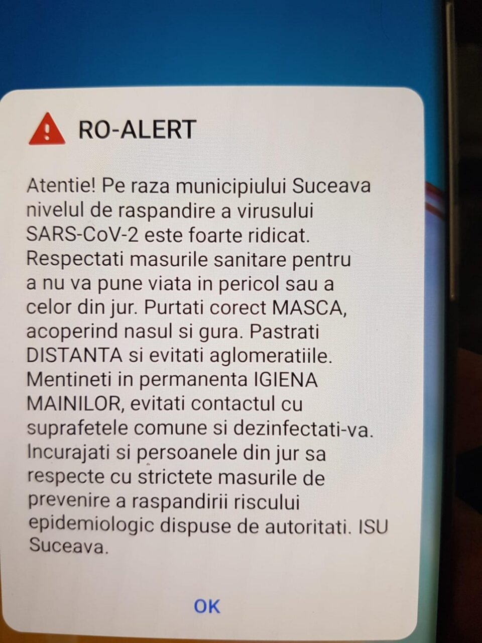 Mesaj Ro-Alert pe telefoanele sucevenilor, din cauza pericolului COVID