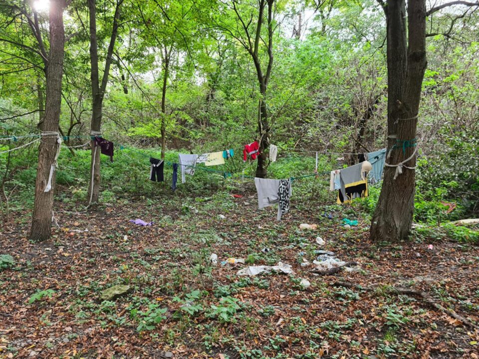 Un colț al parcului Șipote, transformat de romii din zonă în spațiu de agățat chiloți și pantaloni