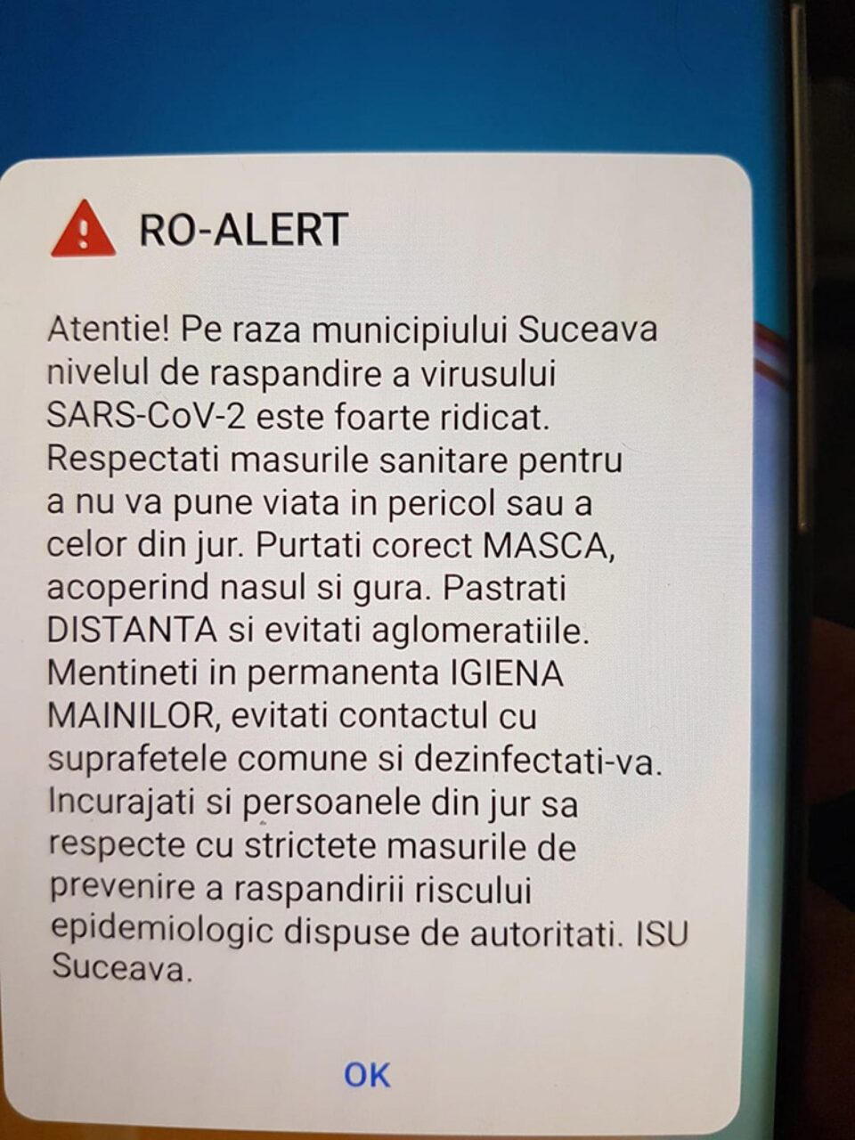 Mesaj Ro-Alert pe telefoanele sucevenilor, din cauza pericolului COVID