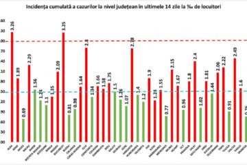 Incidența cazurilor pozitive la mia de locuitori, în ultimele 14 zile