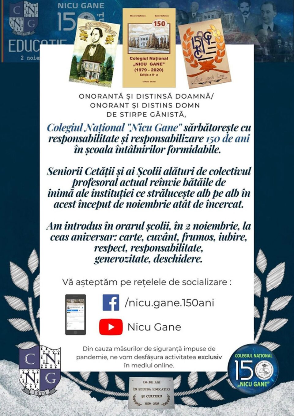 Colegiul Național „Nicu Gane” din Fălticeni sărbătorește, la început de noiembrie, 150 de ani de la înființare