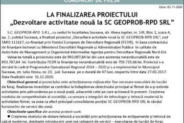 LA FINALIZAREA PROIECTULUI „Dezvoltare activitate nouă la SC GEOPROB-RPD SRL”