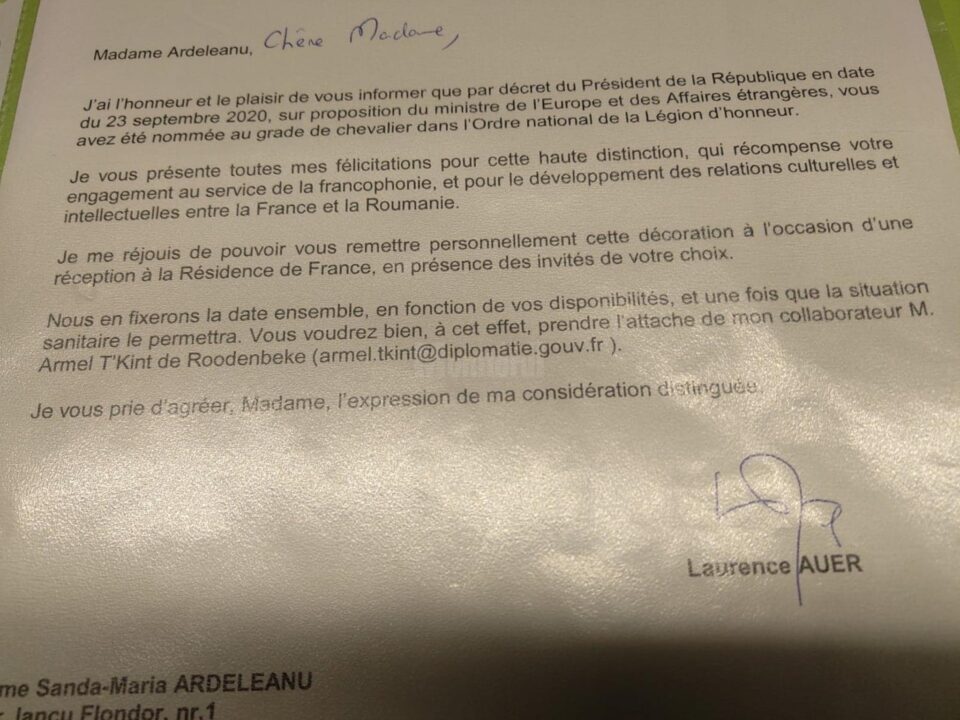 Prof. univ. dr. Sanda-Maria Ardeleanu va primi din partea statului francez Ordinul Național Legiunea de Onoare în grad de Cavaler