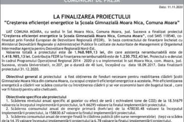 ”Creșterea eficienței energetice la Școala Gimnazială Moara Nica, Comuna Moara”