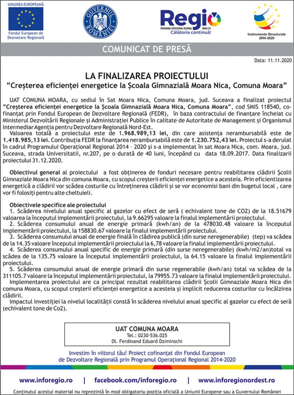 ”Creșterea eficienței energetice la Școala Gimnazială Moara Nica, Comuna Moara”