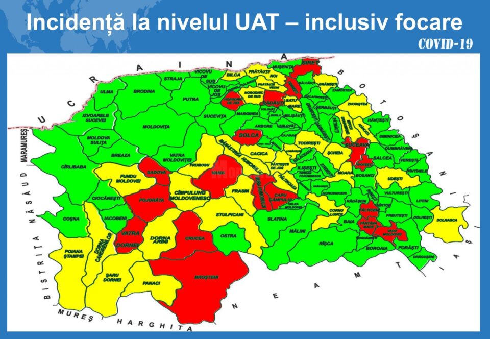 Incidența cazurilor de Covid-10 în fiecare localitate din județul Suceava