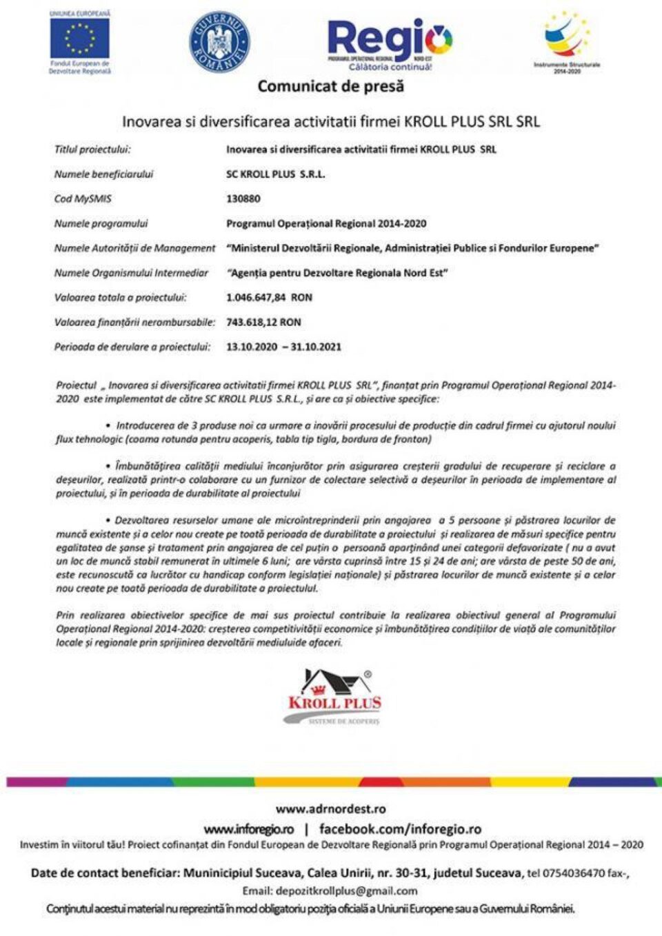 Inovarea si diversificarea activitatii firmei KROLL PLUS SRL