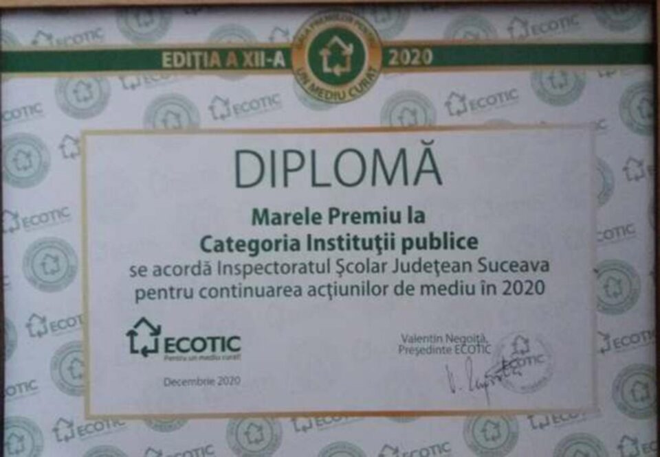IȘJ Suceava a obținut „Marele Premiu pentru un Mediu Curat”, ediția 2020, din partea Asociației ECOTIC
