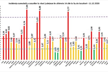 Incidenta cumulată a cazurilor de Covid în ultimele 14 zile