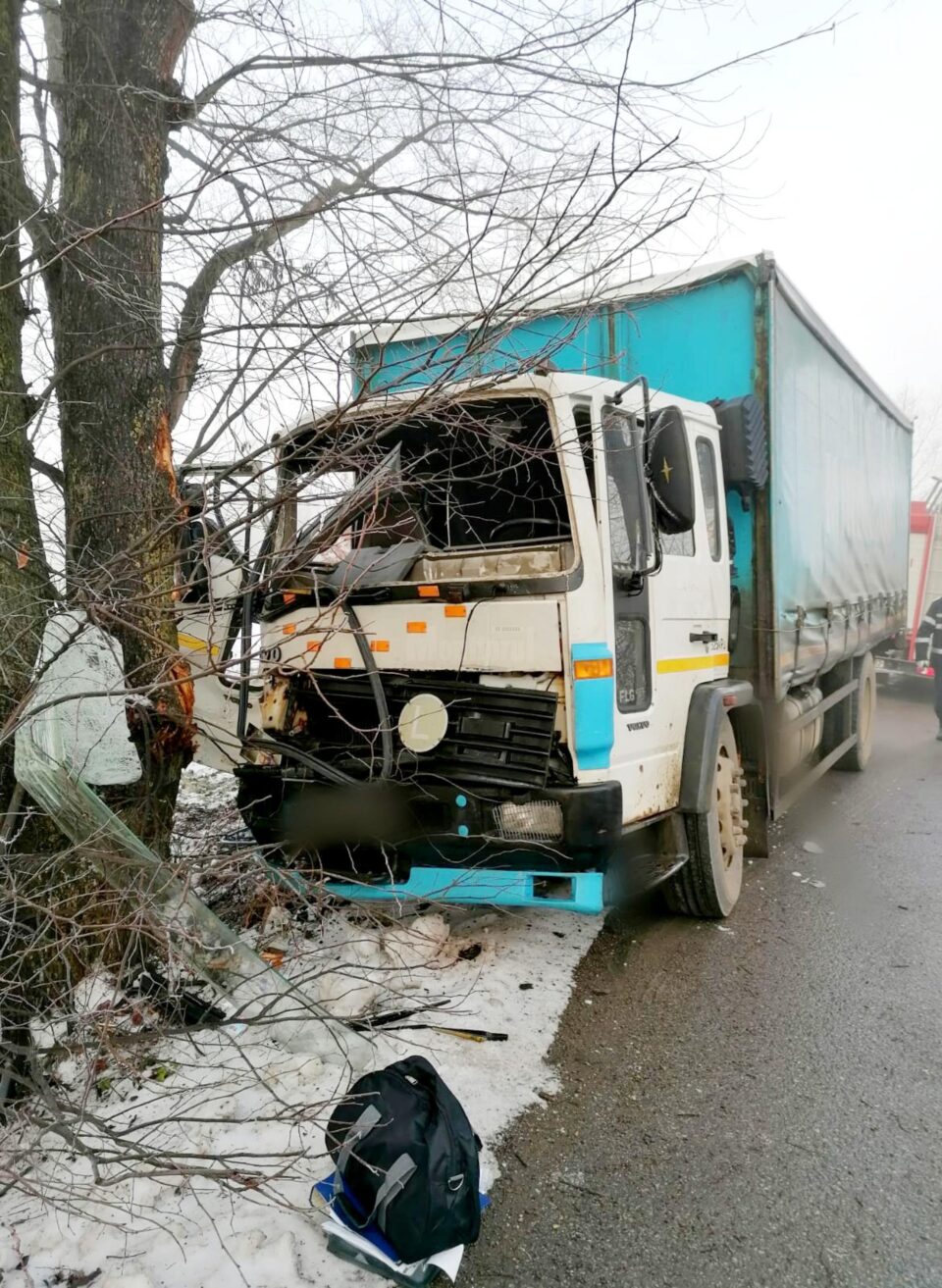 Autocamionul scapat de sub control s-a izbit in copacul de la marginea drumului