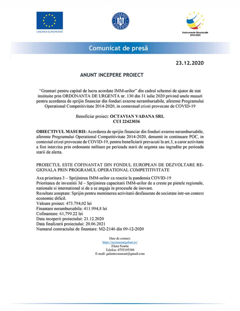ANUNT INCEPERE PROIECT - Granturi pentru capital de lucru acordate IMM-urilor ANUNT INCEPERE PROIECT - Granturi pentru capital de lucru acordate IMM-urilor