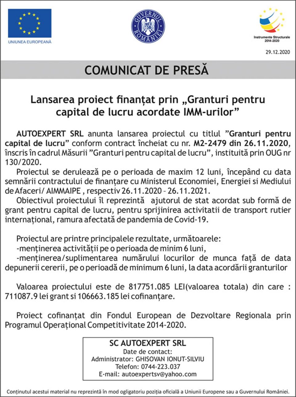 AUTOEXPERT - Lansarea proiect finanțat prin „Granturi pentru capital de lucru acordate IMM-urilor” AUTOEXPERT - Lansarea proiect finanțat prin „Granturi pentru capital de lucru acordate IMM-urilor”