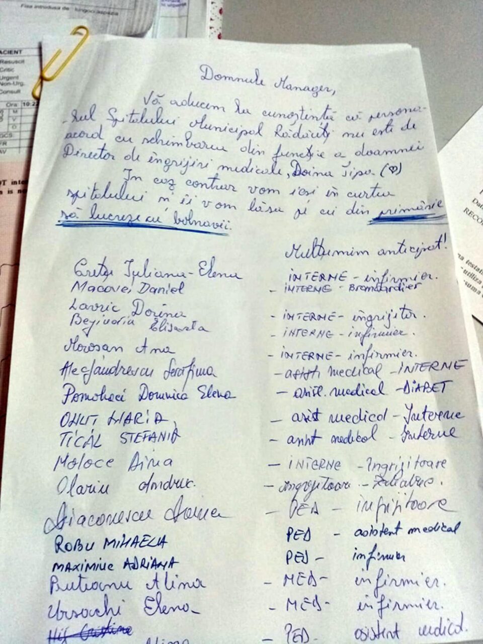 Lista de semnături de la Spitalul Rădăuți