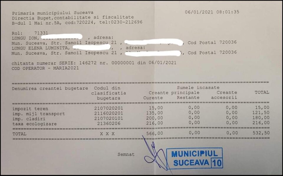 Chitanță Taxe și Impozite Lungu Ion 2021