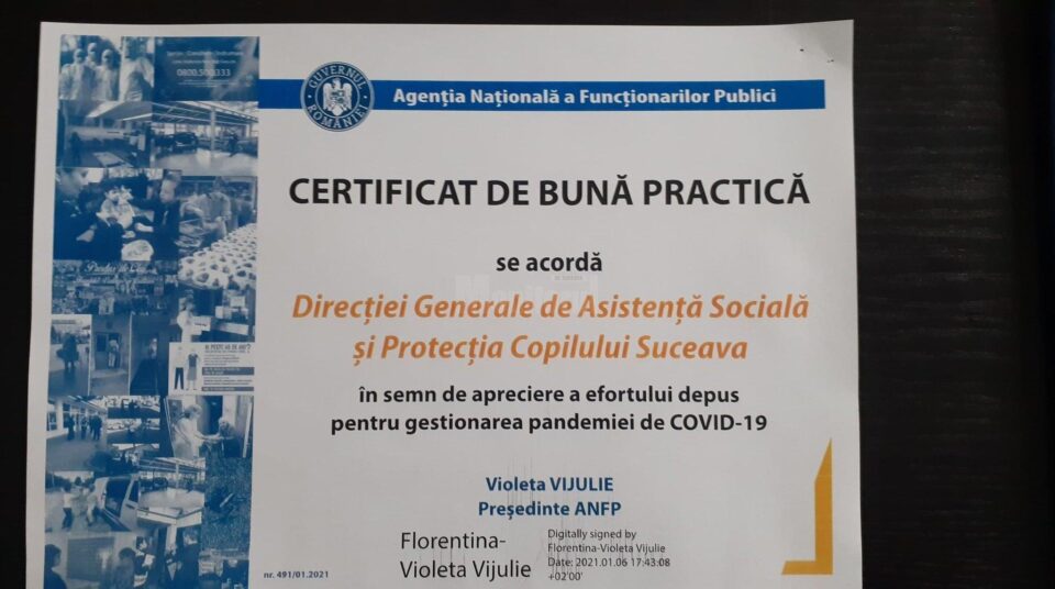 „Certificat de bună practică” primit de DGASPC Suceava din partea Agenției Naționale a Funcționarilor Publici