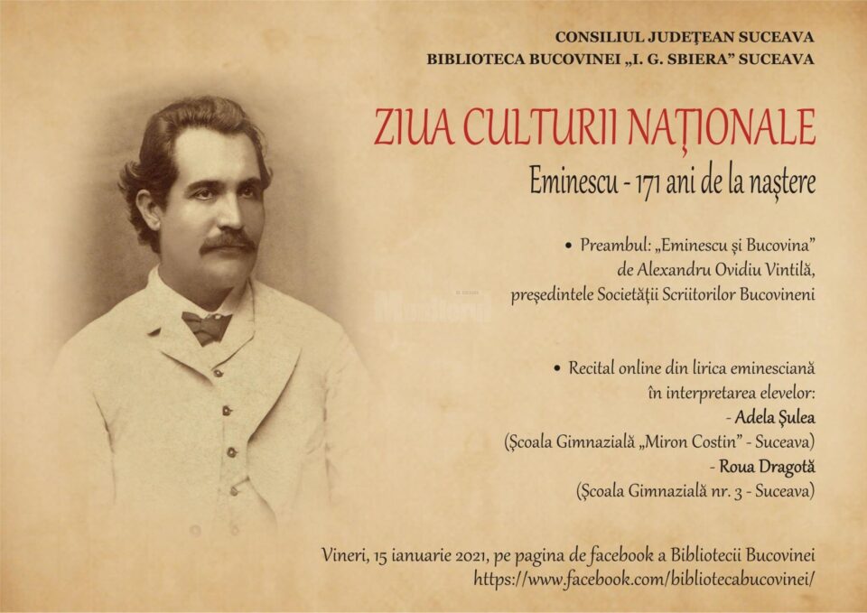„Eminescu – 171 de ani de la naștere”, eveniment online, la Biblioteca Bucovinei