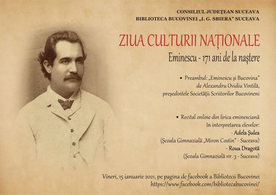 „Eminescu – 171 de ani de la naștere”, eveniment online, la Biblioteca Bucovinei