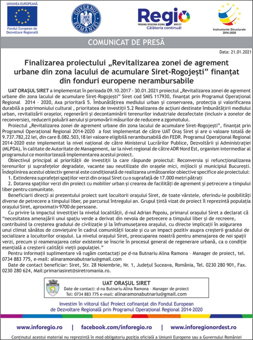 Finalizarea proiectului „Revitalizarea zonei de agrement urbane din zona lacului de acumulare Siret-Rogojești” finanțat din fonduri europene nerambursabile