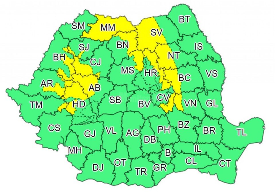 Cod galben de ninsori și atenționare de polei și intensificări temporare ale vântului