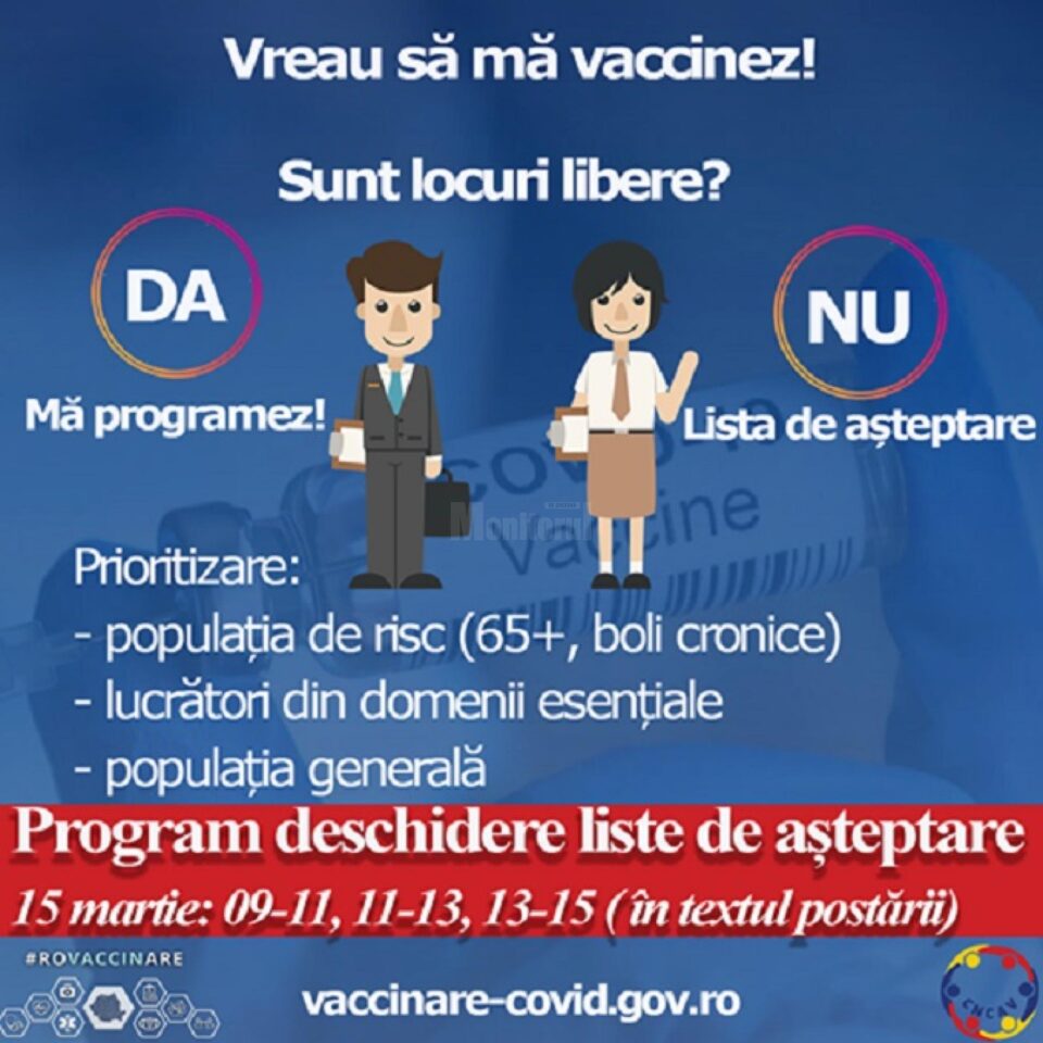 Lista de așteptare pentru vaccinarea populației generale în județul Suceava se deschide la ora 13.00 Lista de așteptare pentru vaccinarea populației generale în județul Suceava se deschide la ora 13.00