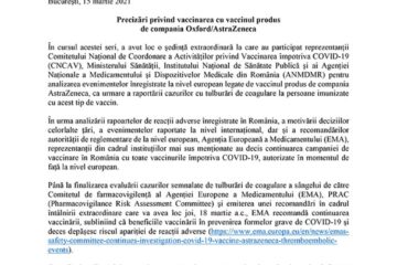 Precizări privind vaccinarea cu vaccinul produs de compania Oxford/AstraZeneca