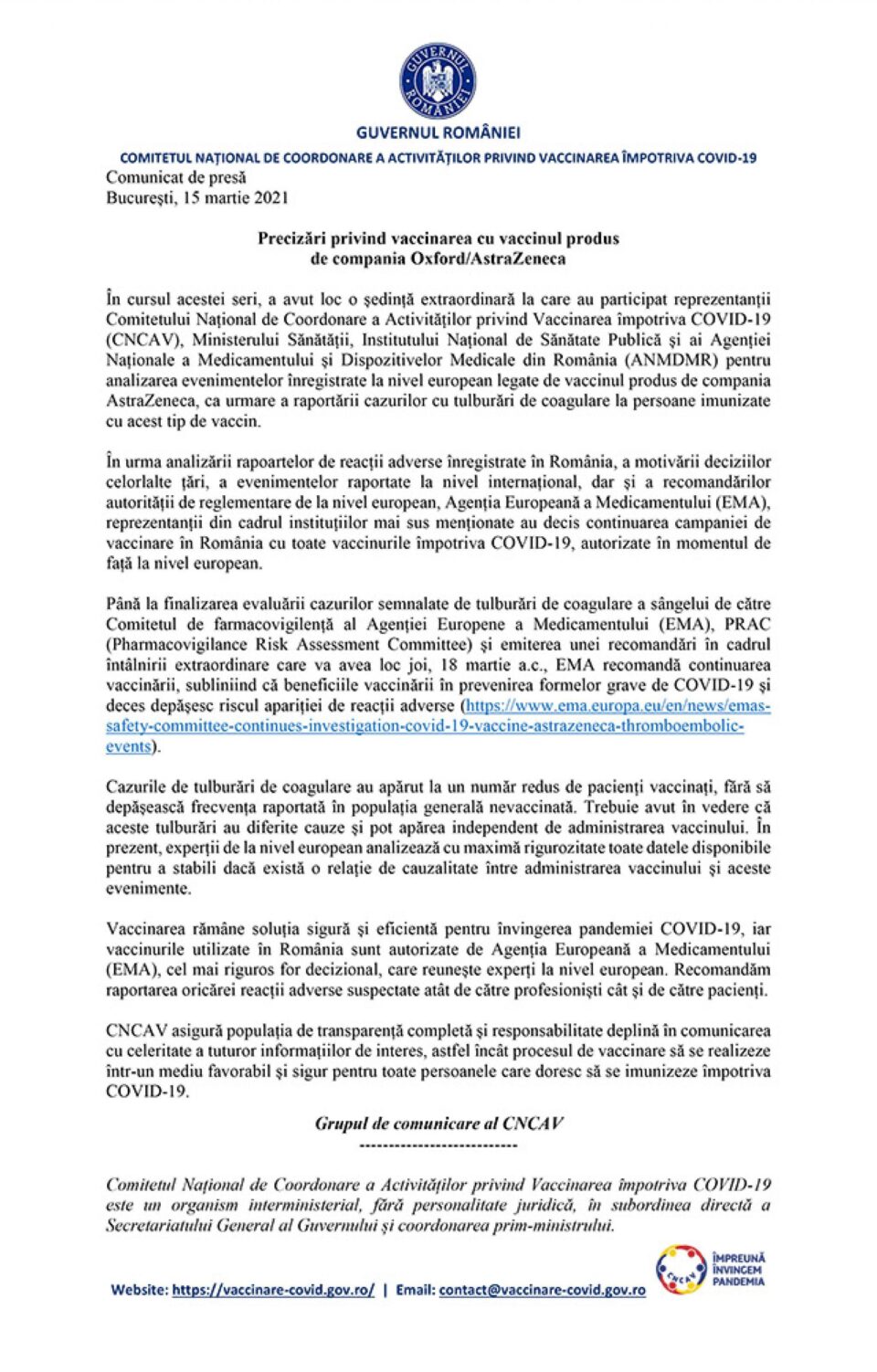 Precizări privind vaccinarea cu vaccinul produs de compania Oxford/AstraZeneca Precizări privind vaccinarea cu vaccinul produs de compania Oxford/AstraZeneca