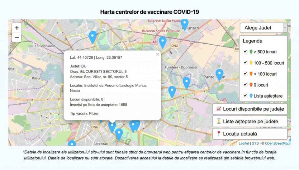 Harta interactivă a centrelor de vaccinare, pe tipuri de vaccin, este disponibilă