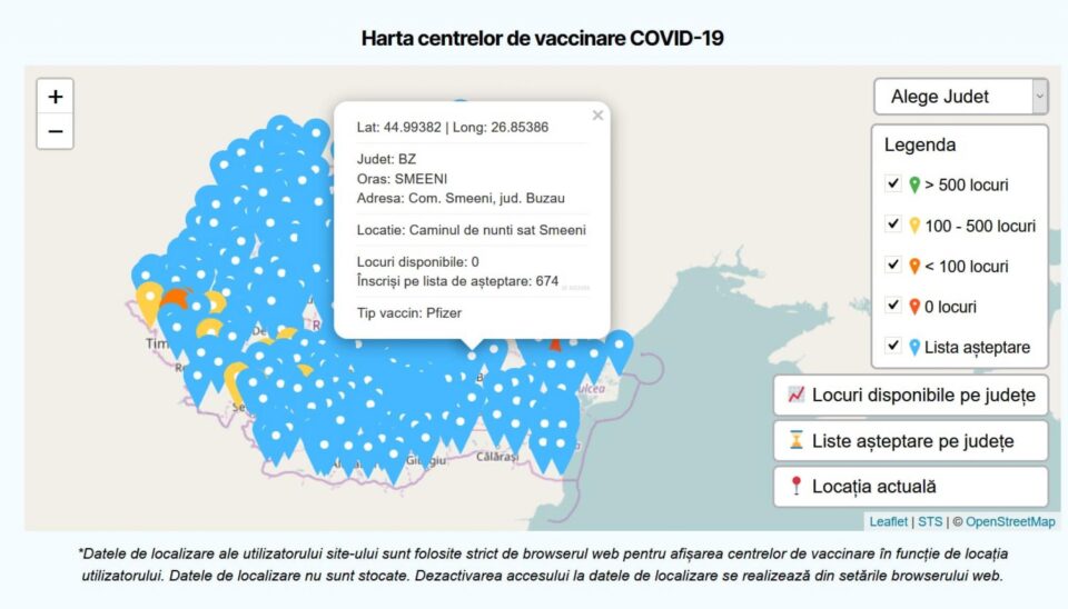 Harta interactivă a centrelor de vaccinare, pe tipuri de vaccin, este disponibilă